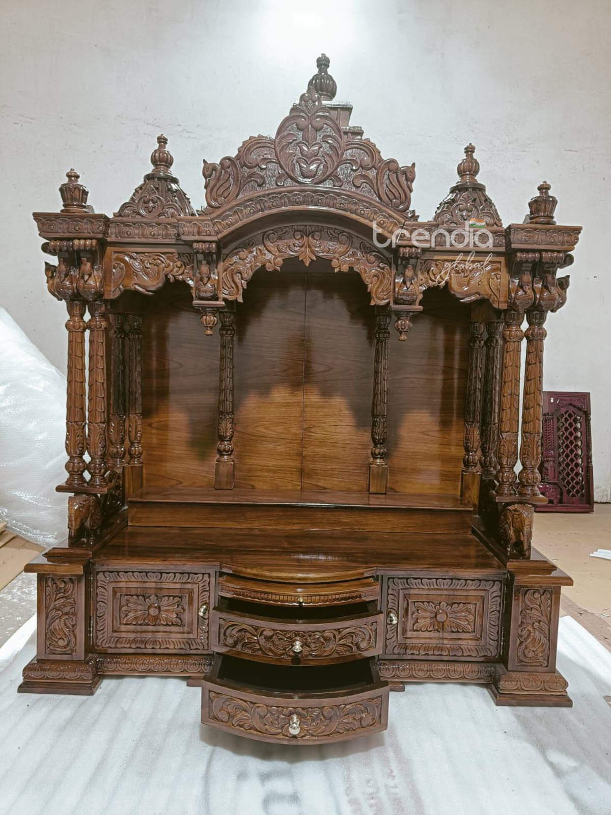 Hand-carved Teak Wood Pooja Mandir for Home