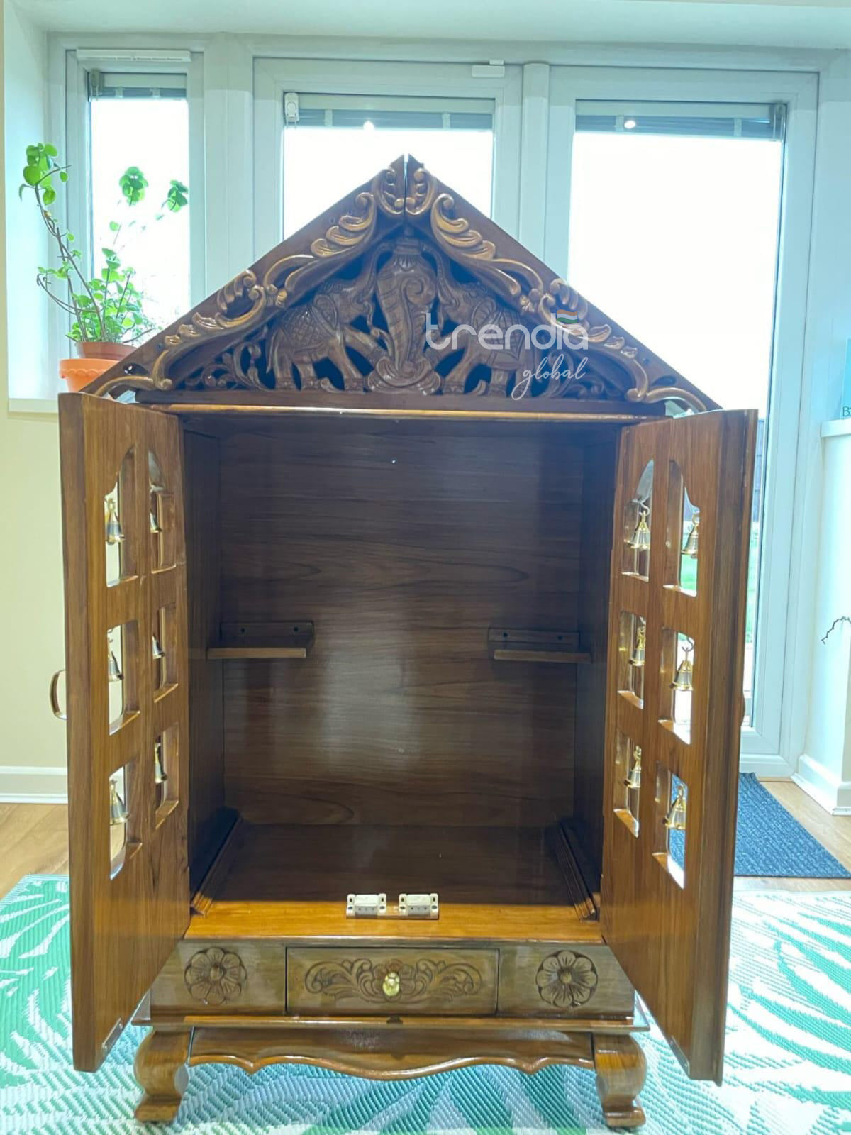 Hand-Carved Solid Teak Wood Temple with Bells