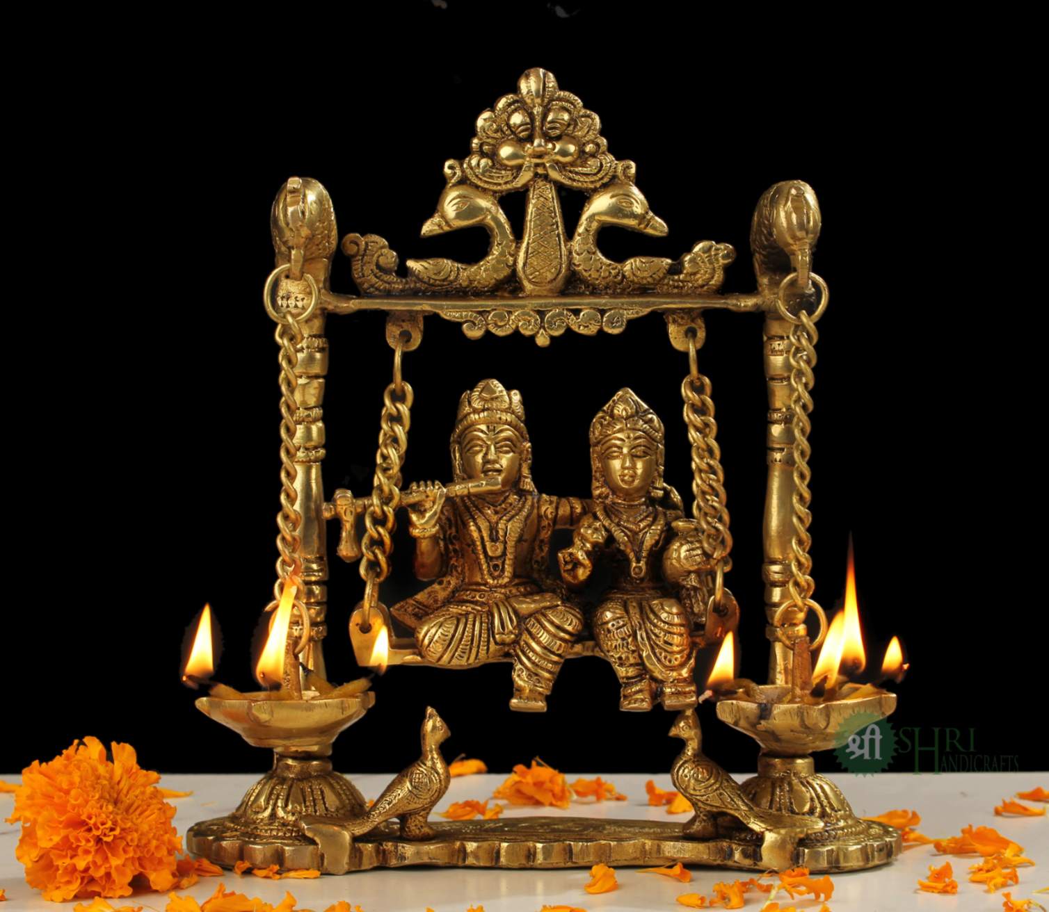 BRX-135-9 (9" BRASS JHULA RADHA KRISHNA WITH DEEPAK BRX)