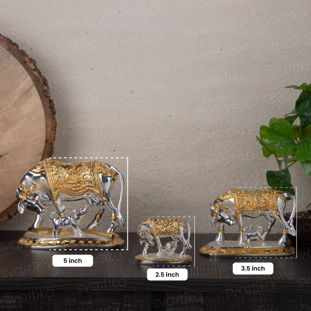 Vastu Kamdhenu Cow with Calf Idol | Gold & Silver Plated - By Trendia