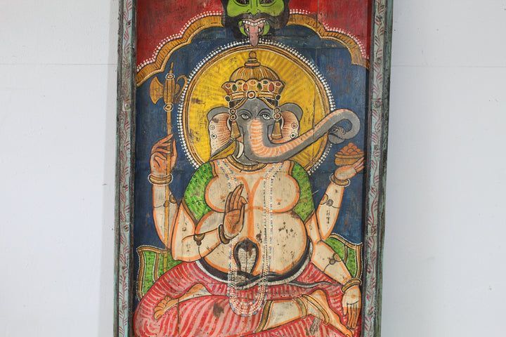 Vintage Lord Ganesha Painted Wooden Panel