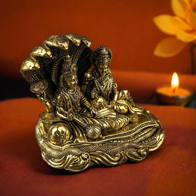 Artfully Designed Vishnu Lakshmi on Ananta-Sajya Brass Murti - 5.5 - Trendia