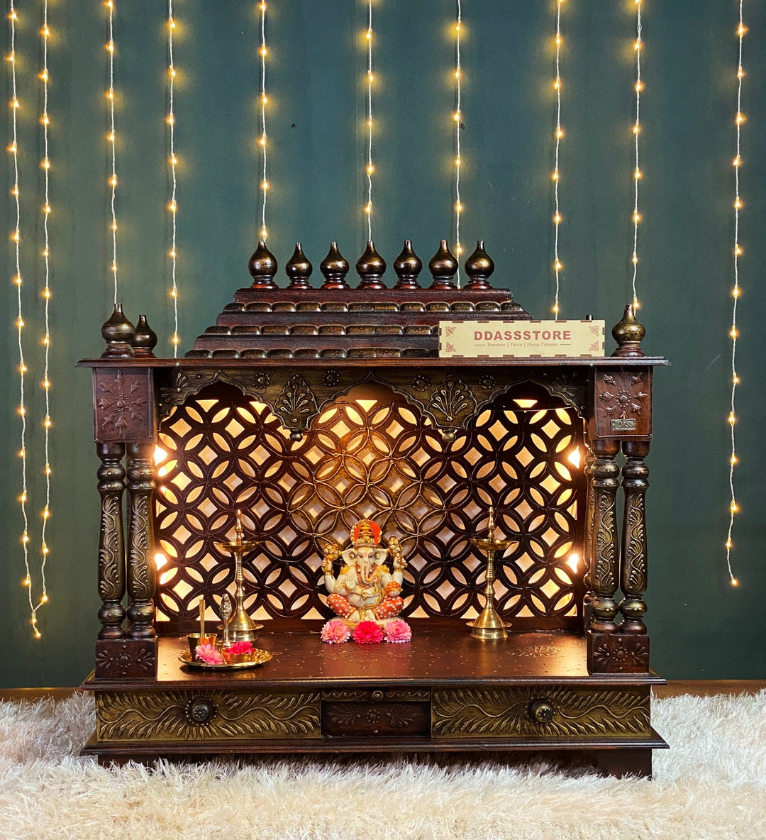 Copper Hand Painted Big Wooden LED Pooja Mandir