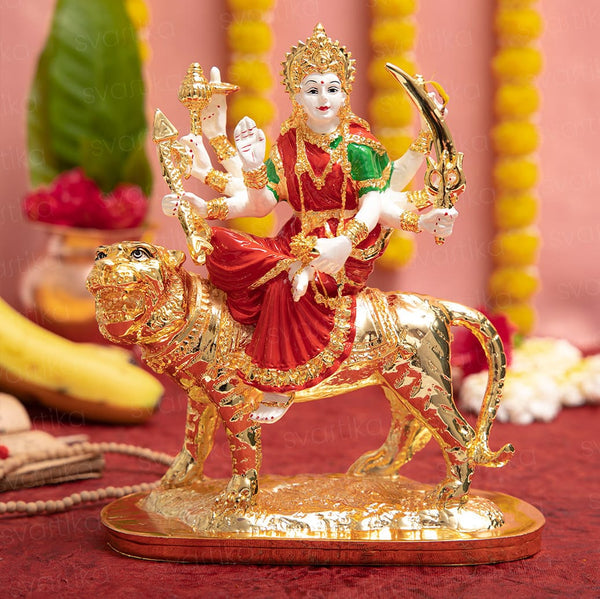 Sherawali Mata 24K Gold-Plated Goddess Durga Sculpture for Home - Trendia