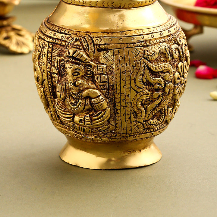 Brass Kalash With Ganesh And Lakshmi Carving (7 Inch)