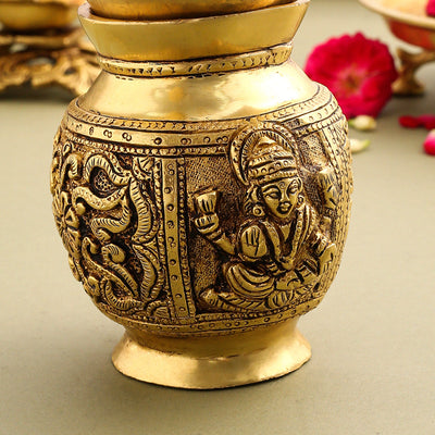 Brass Kalash With Ganesh And Lakshmi Carving (7 Inch)