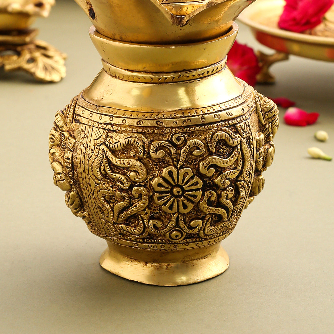 Brass Kalash With Ganesh And Lakshmi Carving (7 Inch)