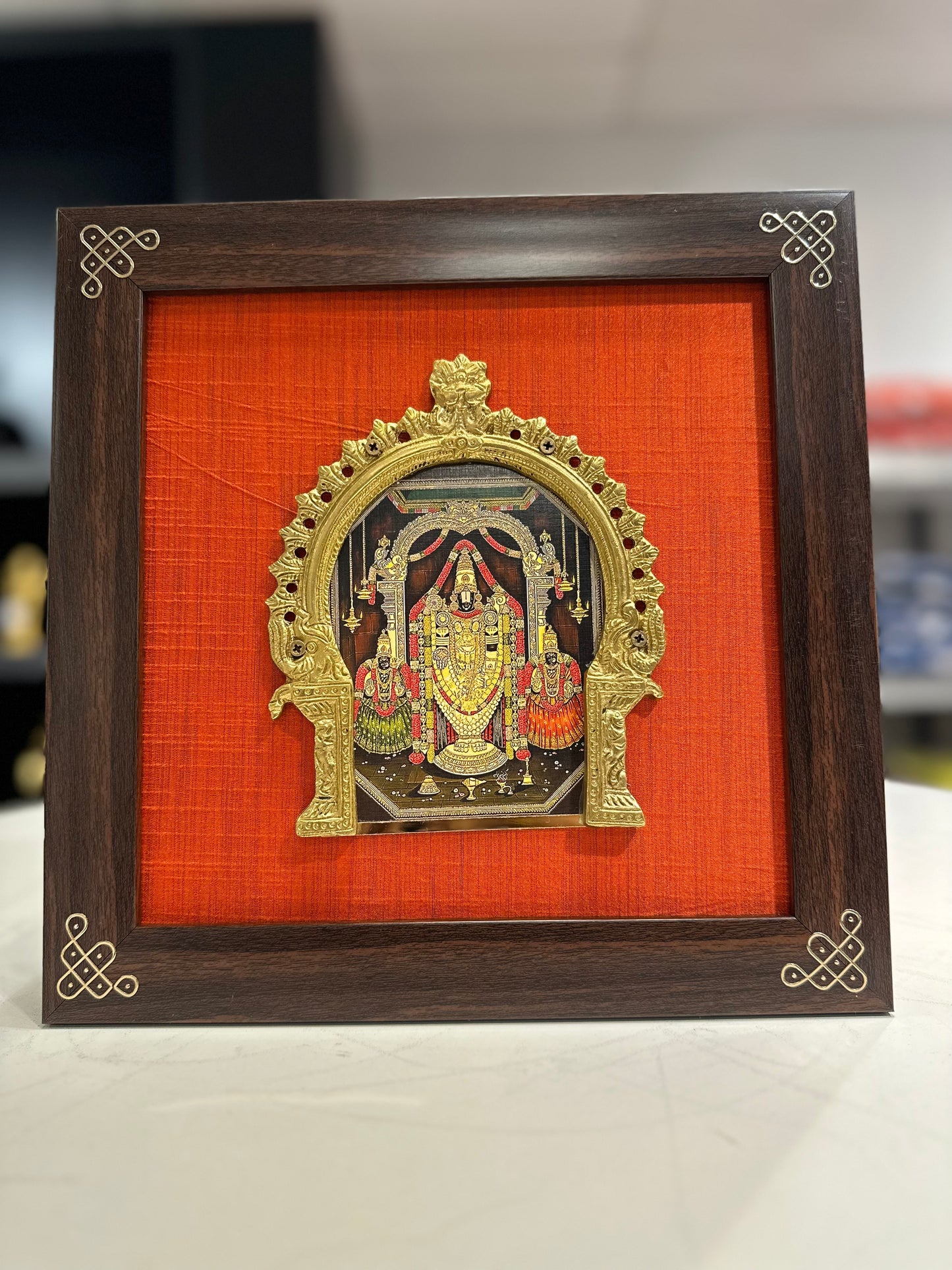 Krishna silk frame with tanjore digital art & brass prabhavali