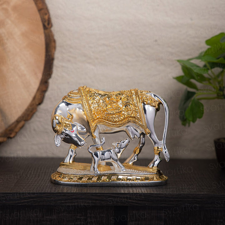 Vastu Kamdhenu Cow with Calf Idol | Gold & Silver Plated - By Trendia