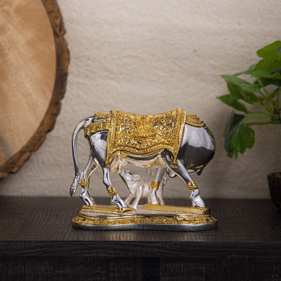 Vastu Kamdhenu Cow with Calf Idol | Gold & Silver Plated - By Trendia