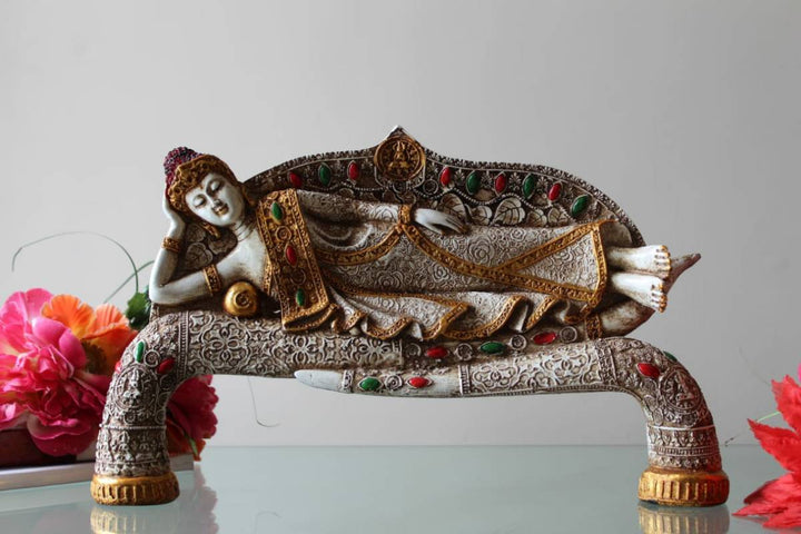 15". BUDDHA SLEEPING ON TUSK PAINTING ANTIQUE