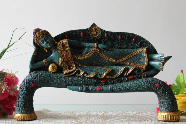 15". BUDDHA SLEEPING ON TUSK PAINTING ANTIQUE