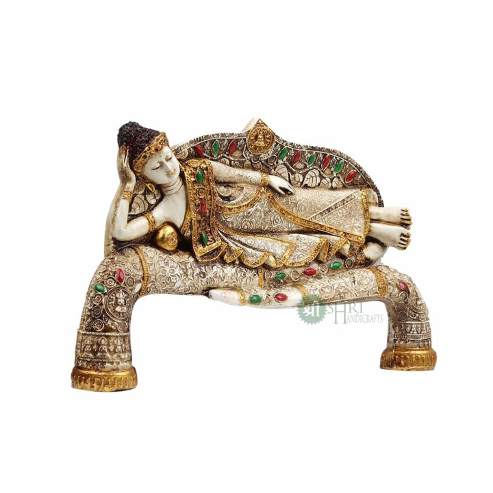 15". BUDDHA SLEEPING ON TUSK PAINTING ANTIQUE