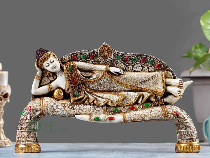 15". BUDDHA SLEEPING ON TUSK PAINTING ANTIQUE