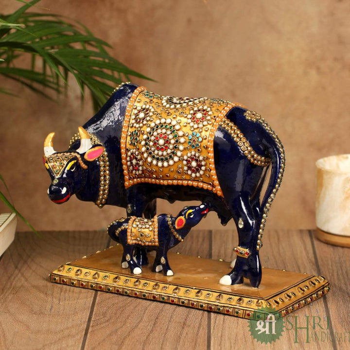 8" METAL JEWELLERY STONE COW WITH CALF