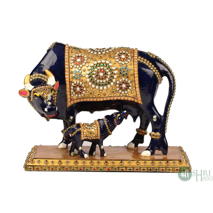 8" METAL JEWELLERY STONE COW WITH CALF