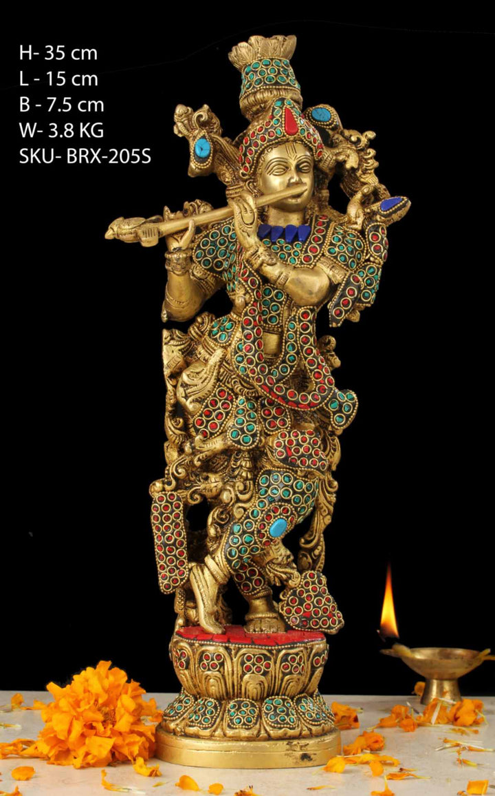 BRASS KRISHNA STANDING STONE WORK