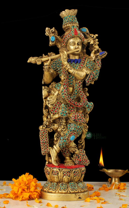 BRASS KRISHNA STANDING STONE WORK