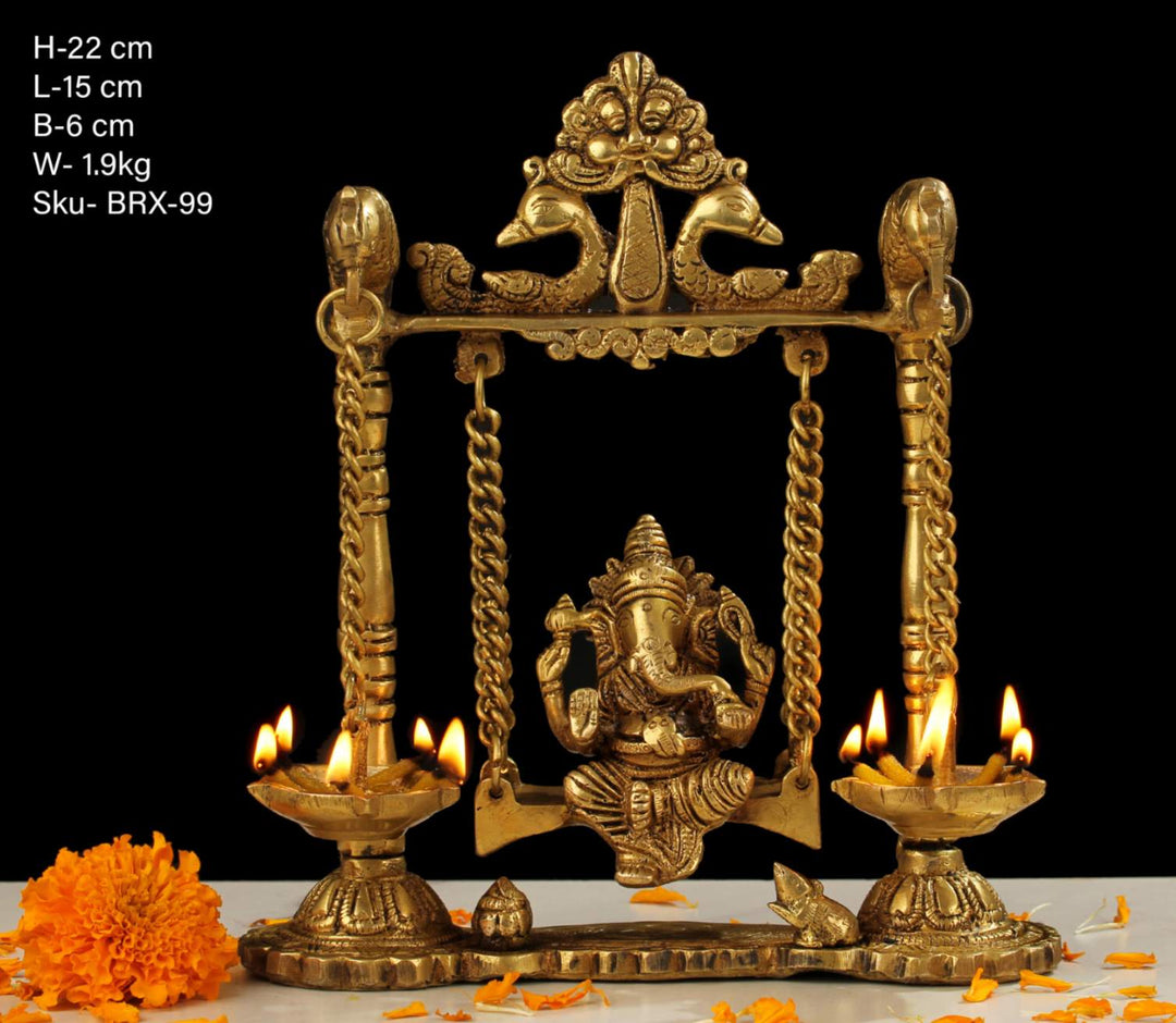 BRX-99-9 (9" BRASS JHULA GANESH WITH DEEPAK BRX)