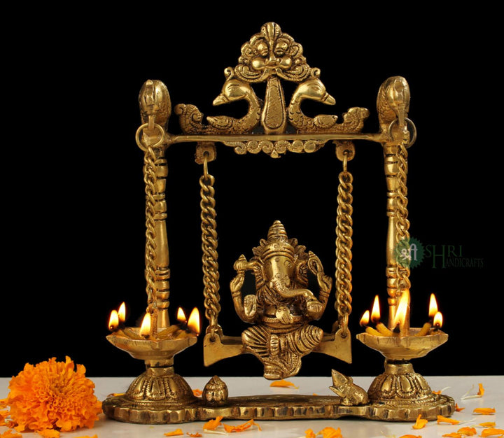 BRX-99-9 (9" BRASS JHULA GANESH WITH DEEPAK BRX)