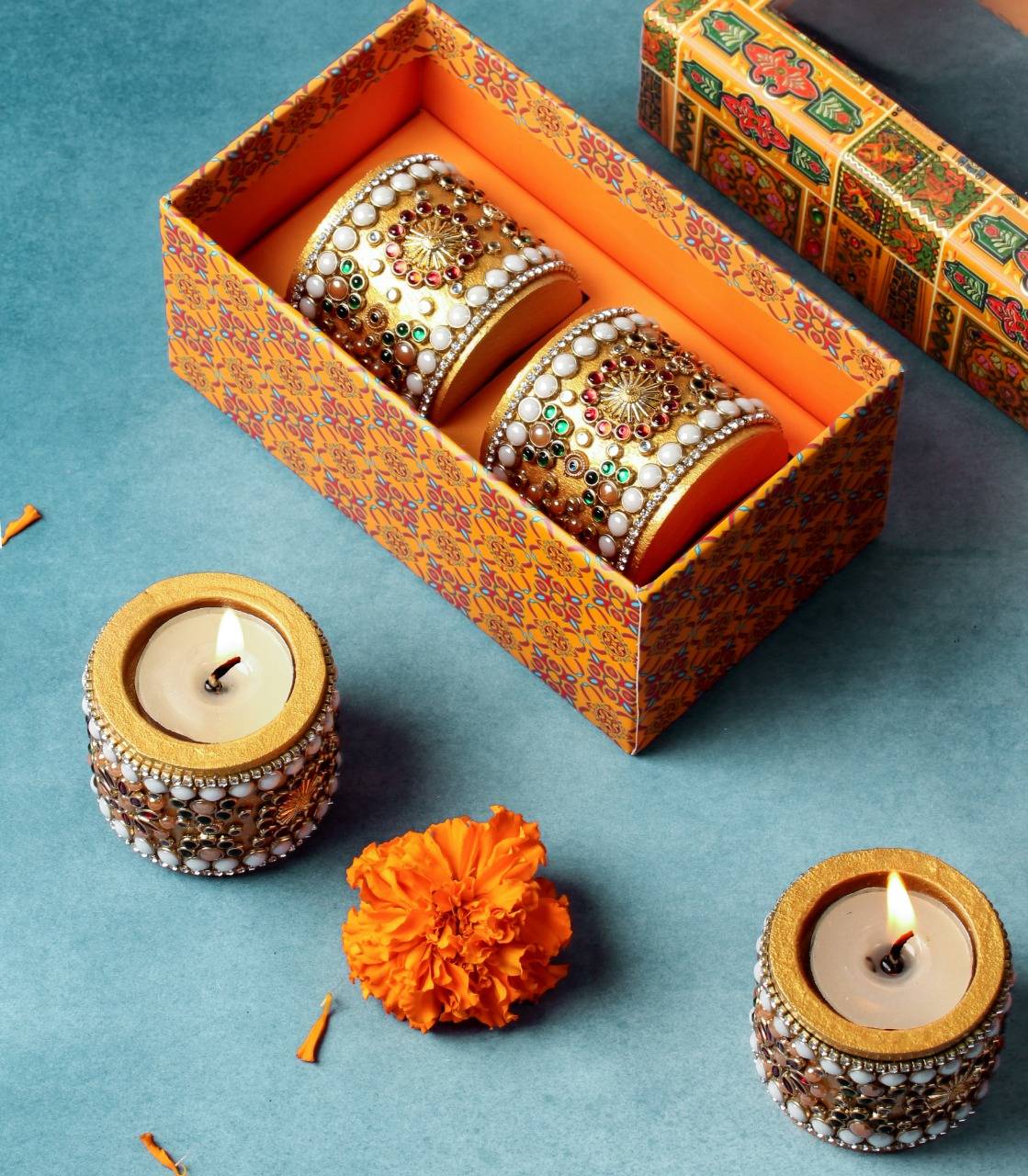 Wooden Stone Work Tea Light Holders Set of 2 with Premium Gift Box