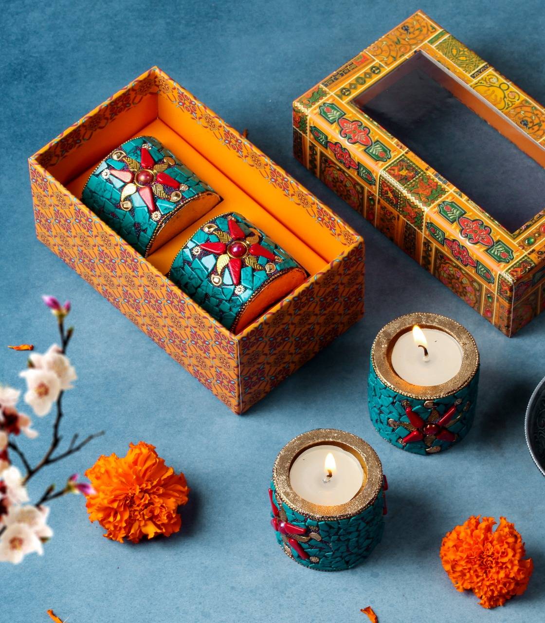 Wooden Stone Work Tea Light Holders Set of 2 with Premium Gift Box