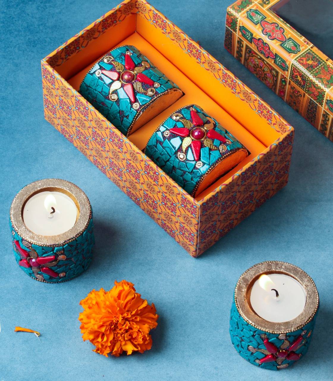 Wooden Stone Work Tea Light Holders Set of 2 with Premium Gift Box