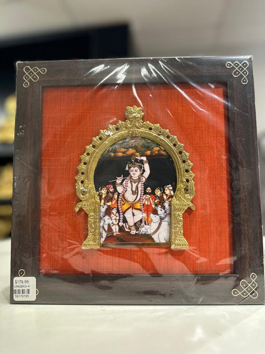 Krishna silk frame with tanjore digital art & brass prabhavali