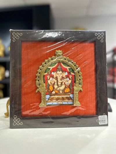 Ganesh silk frame with tanjore digital art & brass prabhavali