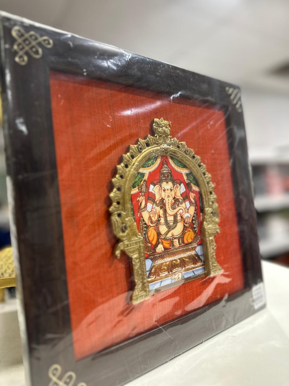 Ganesh silk frame with tanjore digital art & brass prabhavali