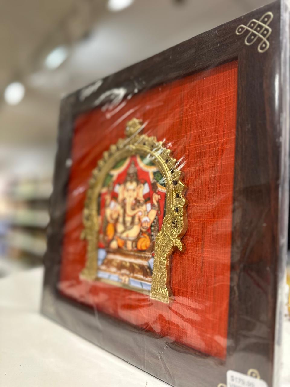 Ganesh silk frame with tanjore digital art & brass prabhavali