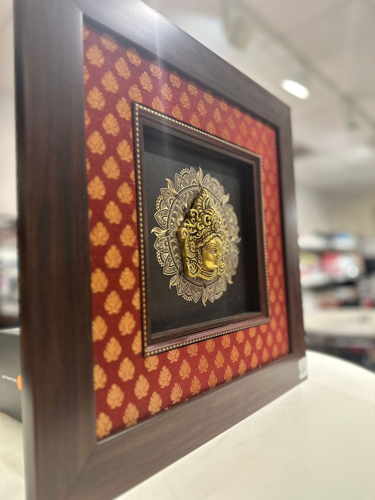 Durga Mata silk frame with brass idol & gold coated metal