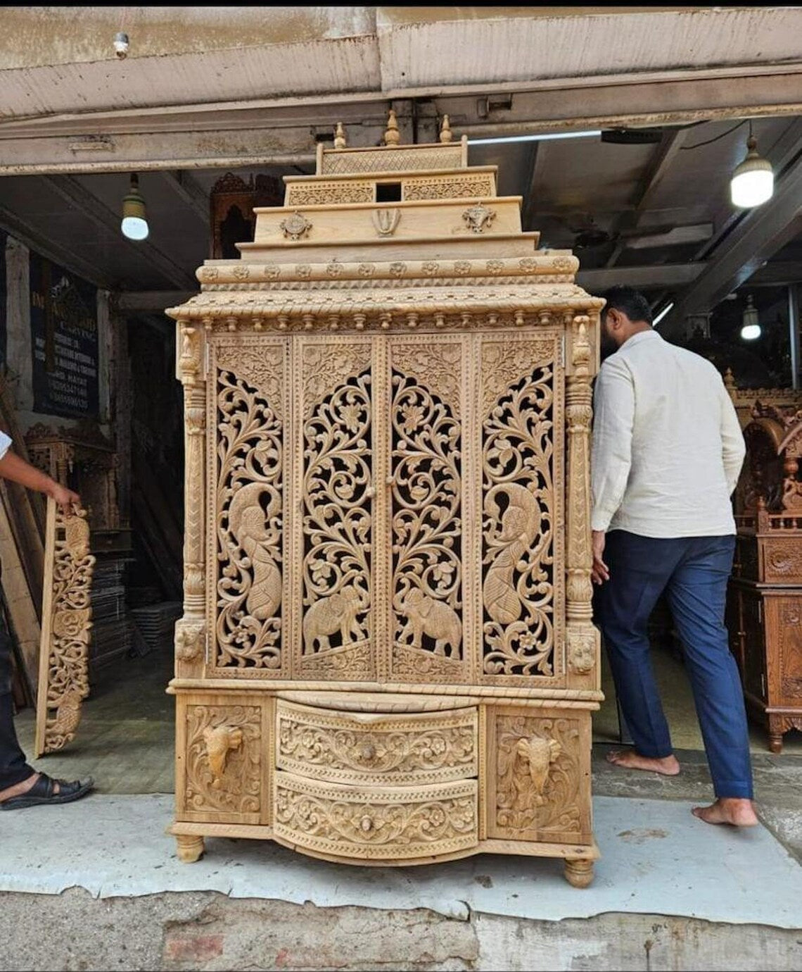 Handcarved Teakwood Temple Mandir, Customizable Home Pooja Cabinet