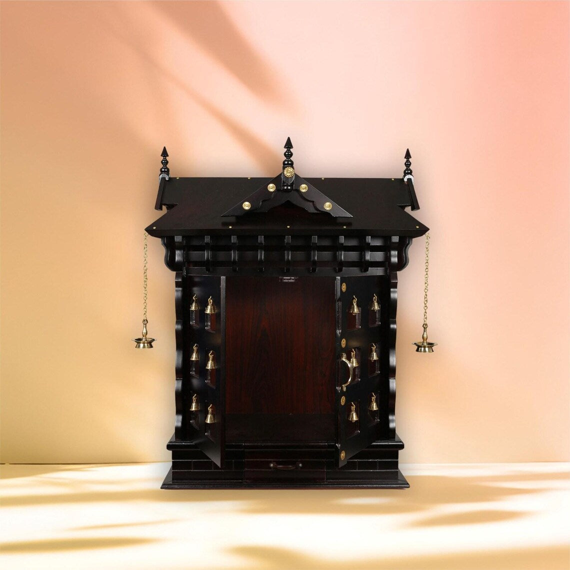 Puja mandir brass bells south indian design Handmade Customizable Home Wooden Temple solid teakwood hand carved unique Large Wooden Mandir