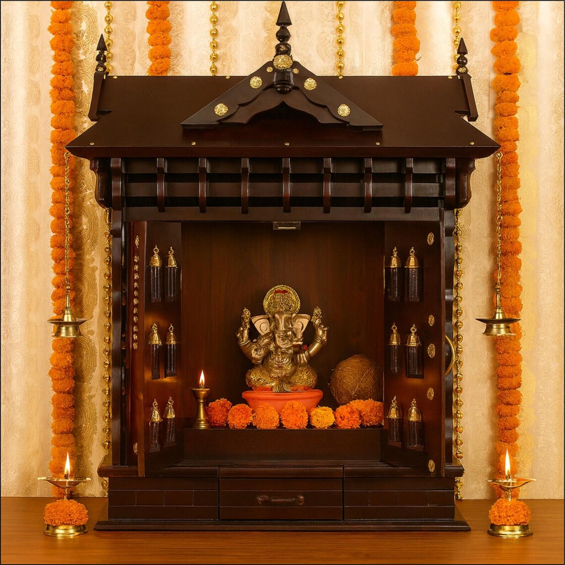 Puja mandir brass bells south indian design Handmade Customizable Home Wooden Temple solid teakwood hand carved unique Large Wooden Mandir