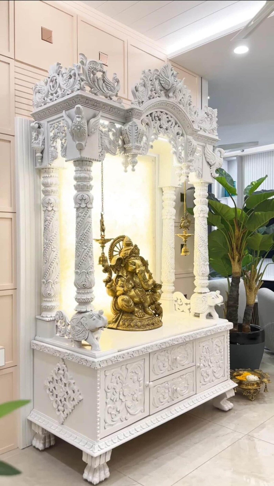 Home temple white glossy Handmade Customizable Home Wooden Temple solid teakwood hand carved unique Large Wooden Mandir All Handcrafted