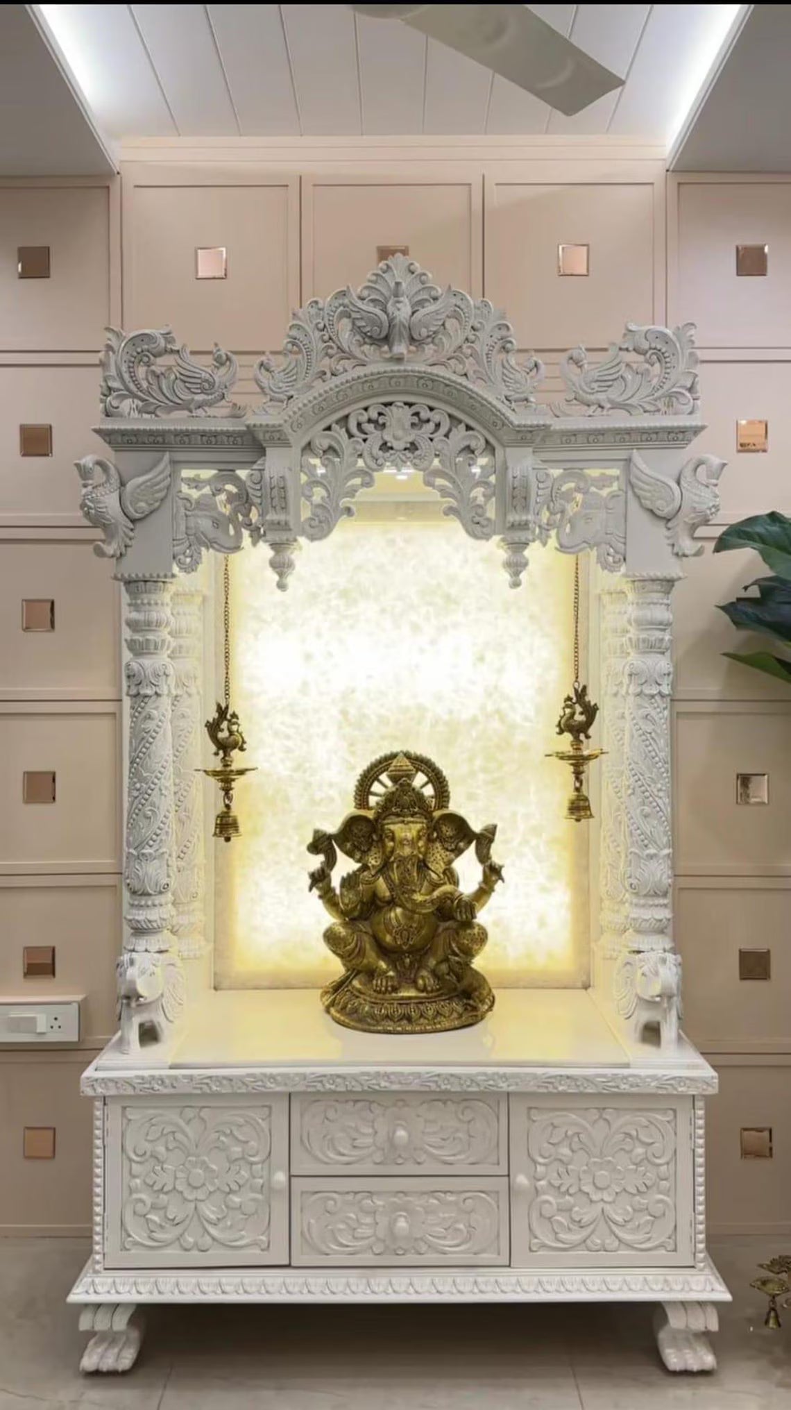 Home temple white glossy Handmade Customizable Home Wooden Temple solid teakwood hand carved unique Large Wooden Mandir All Handcrafted