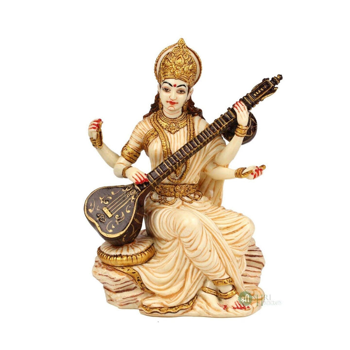Marble Saraswati Idol: Handcrafted Hindu Goddess Statue, Puja Decor (5-Inch)