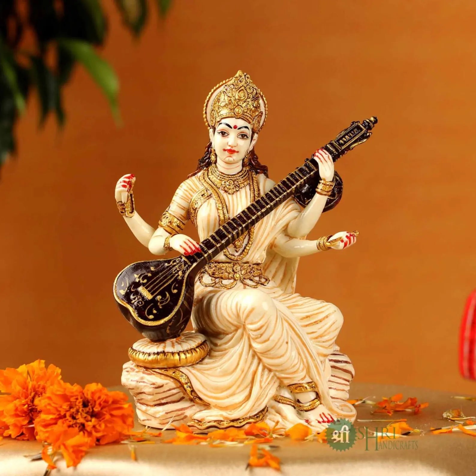 Marble Saraswati Idol: Handcrafted Hindu Goddess Statue, Puja Decor (5-Inch)