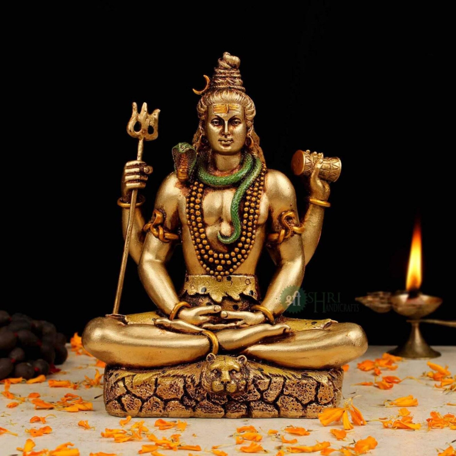 Handcrafted Meditating Lord Shiva Resin Idol: Spiritual Golden Decor
