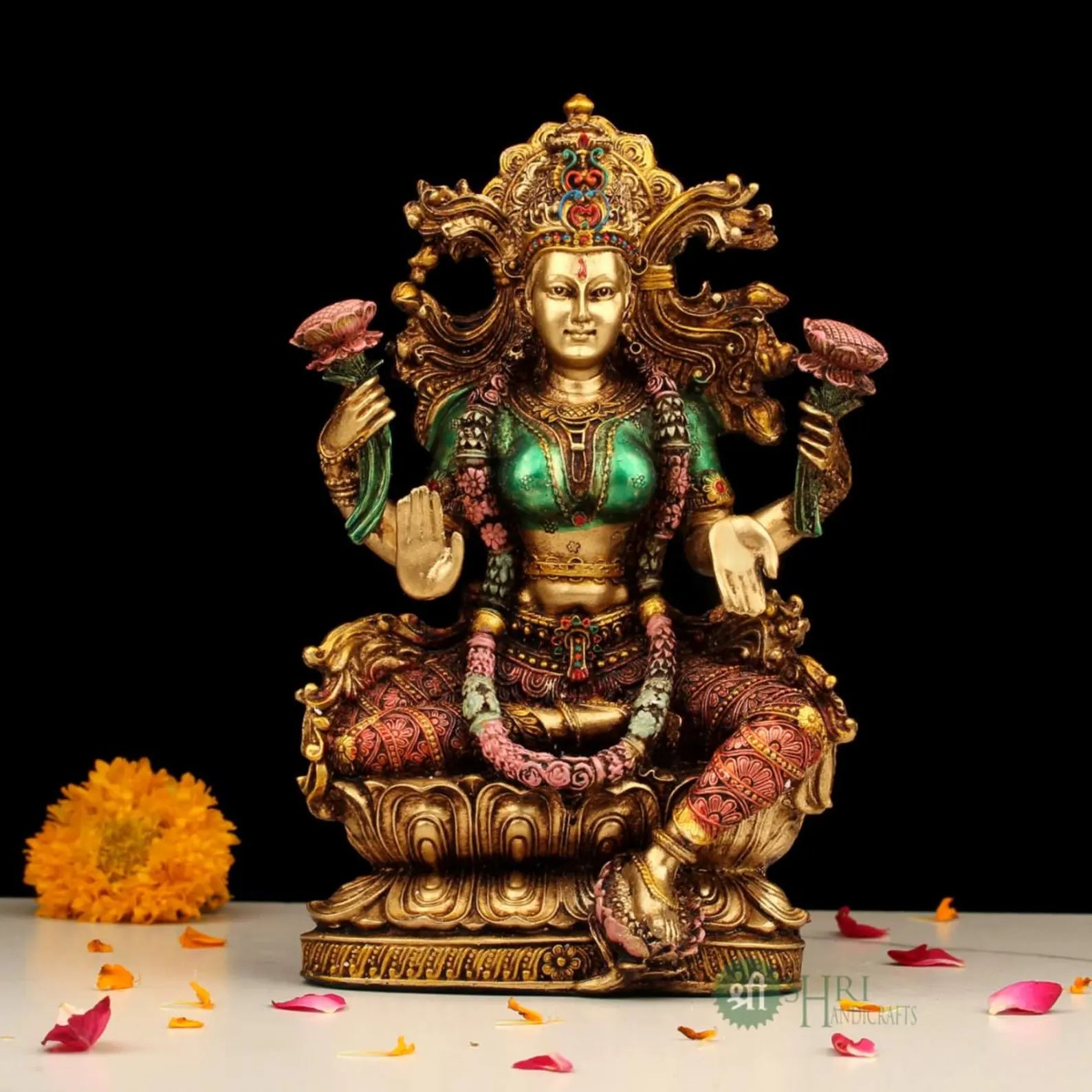 Hand-Painted Resin Goddess Lakshmi Idol: Golden Puja Decor, 9-Inch