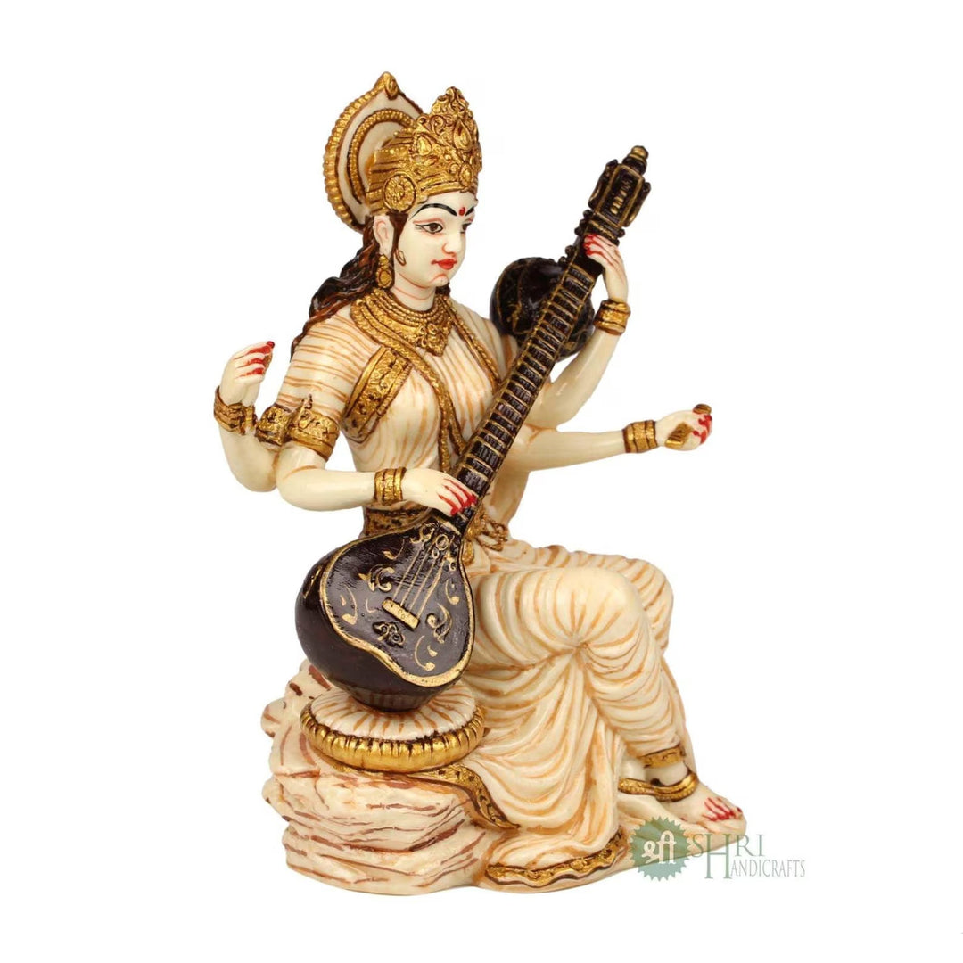 Marble Saraswati Idol: Handcrafted Hindu Goddess Statue, Puja Decor (5-Inch)