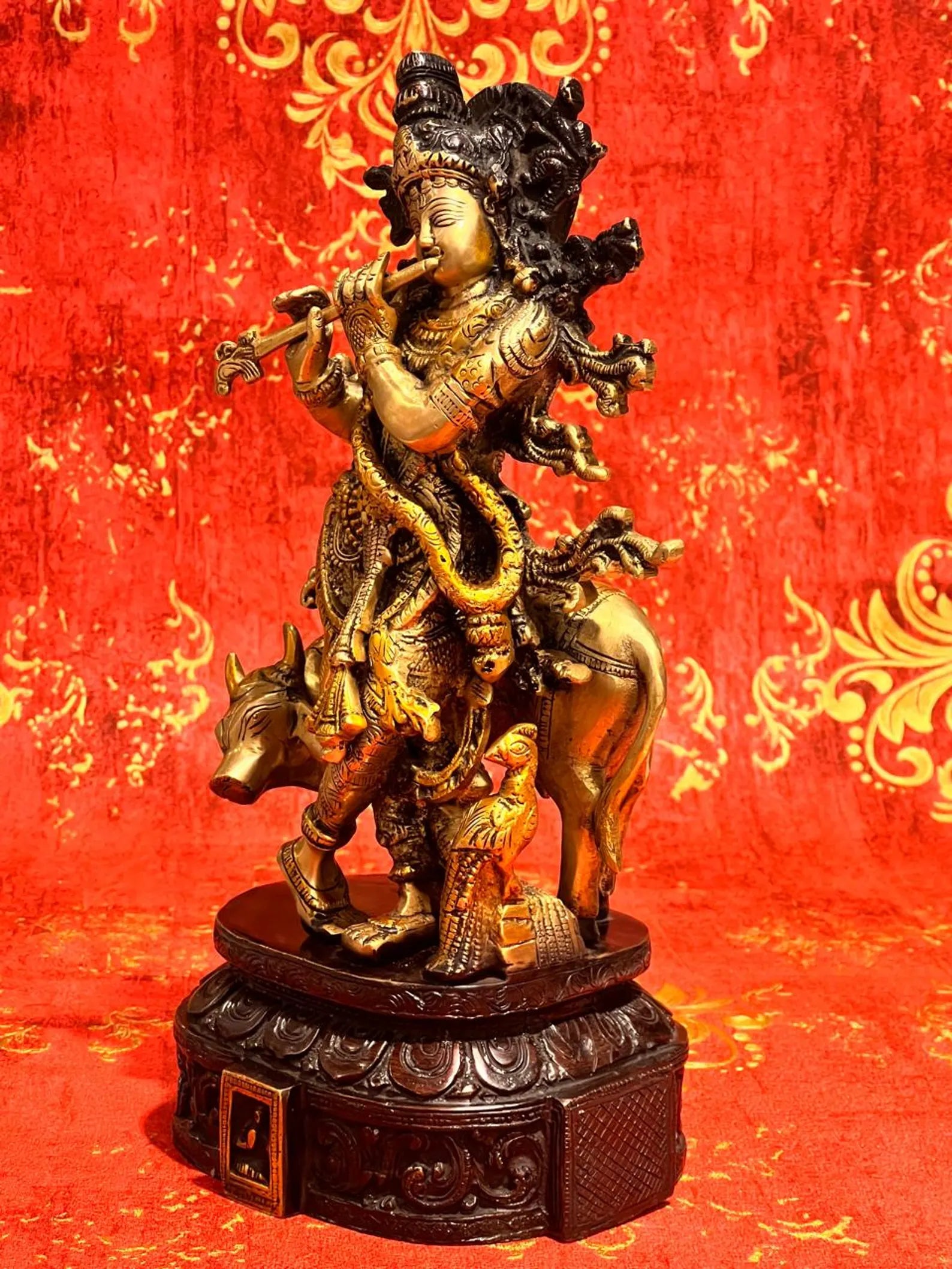 Brass Cow Krishna Idol: Colorful Home Decor, Divine Gift (13")