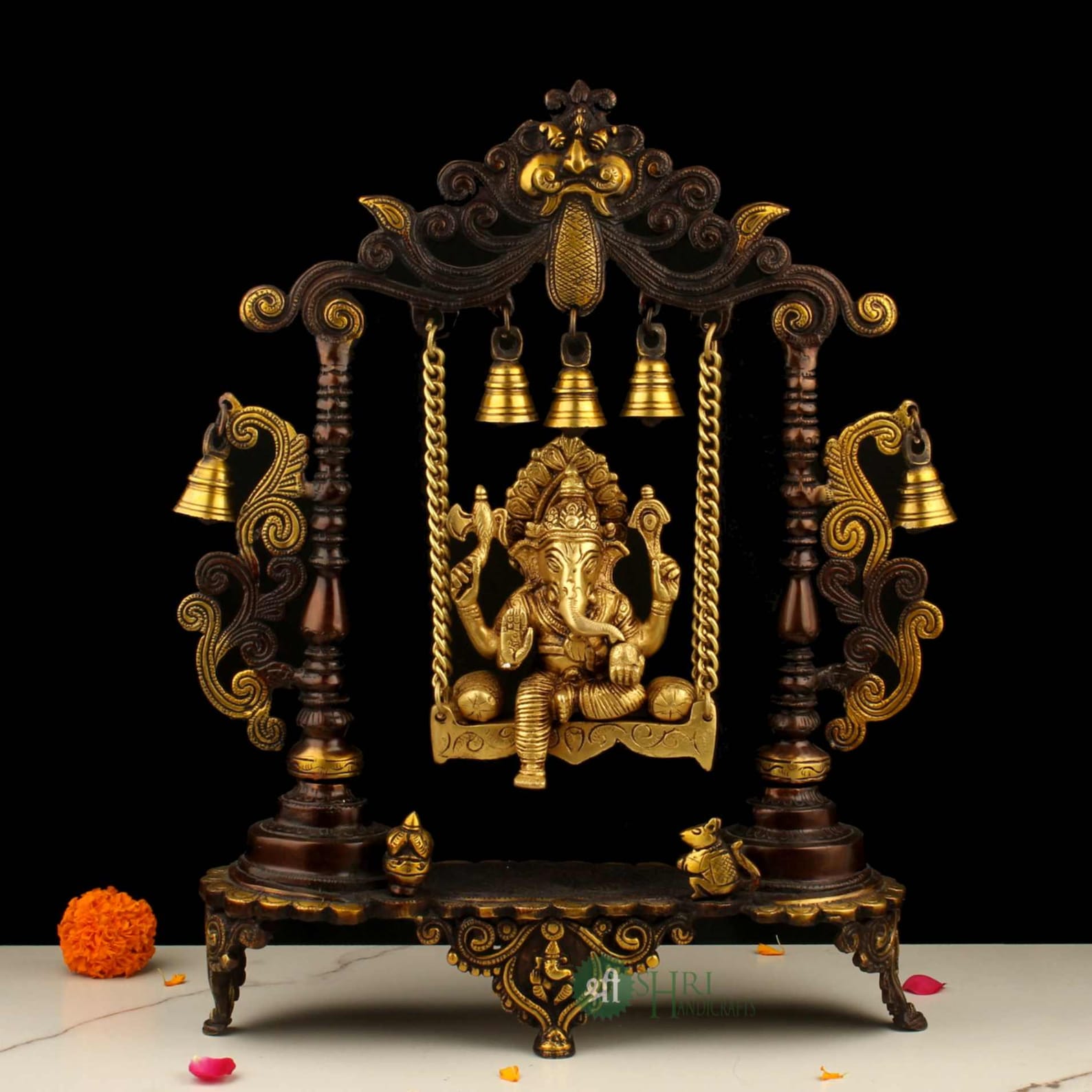 Brass Jhula Ganesh Idol - Traditional Indian Swing Statue (18")