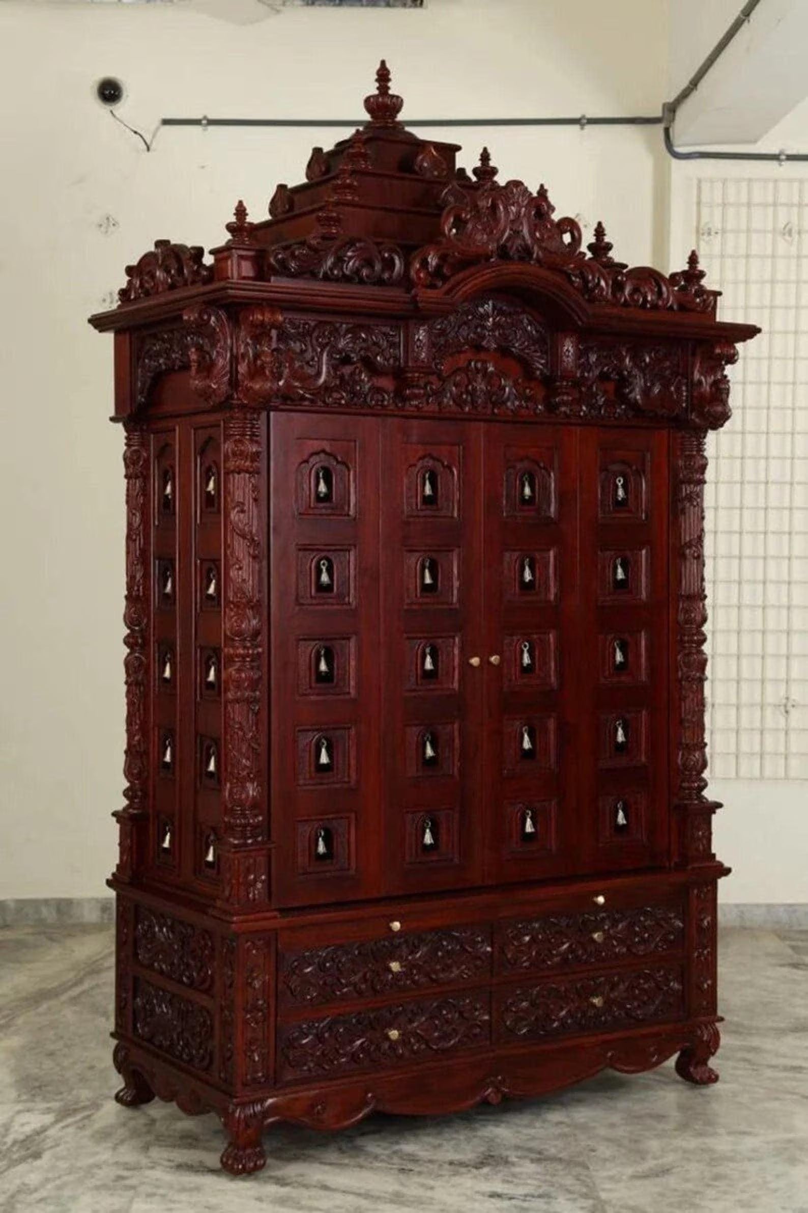 Handmade Teakwood Temple with Brass Bells, Customizable Puja Mandir