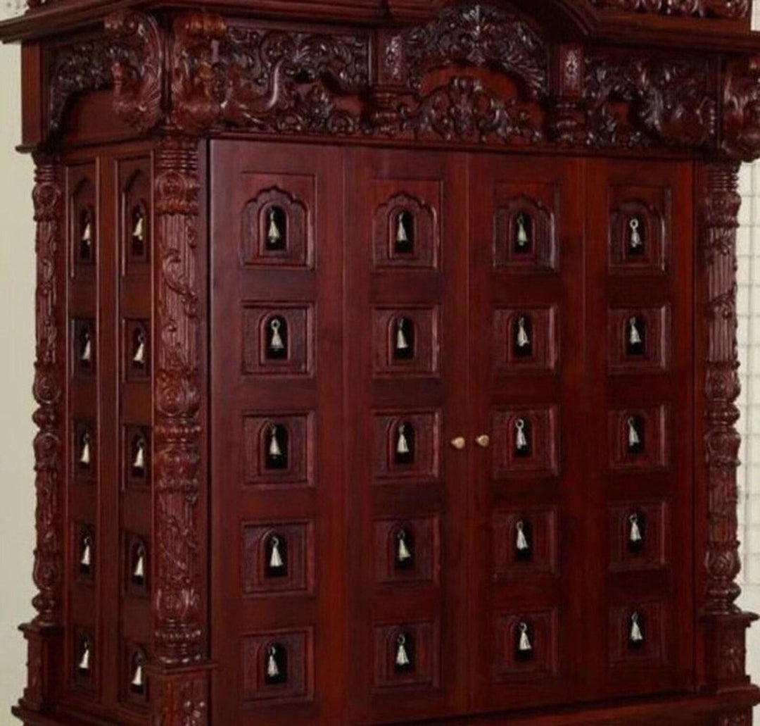 Handmade Teakwood Temple with Brass Bells, Customizable Puja Mandir