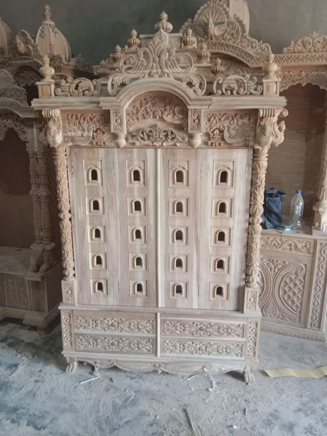 Handmade Teakwood Temple with Brass Bells, Customizable Puja Mandir