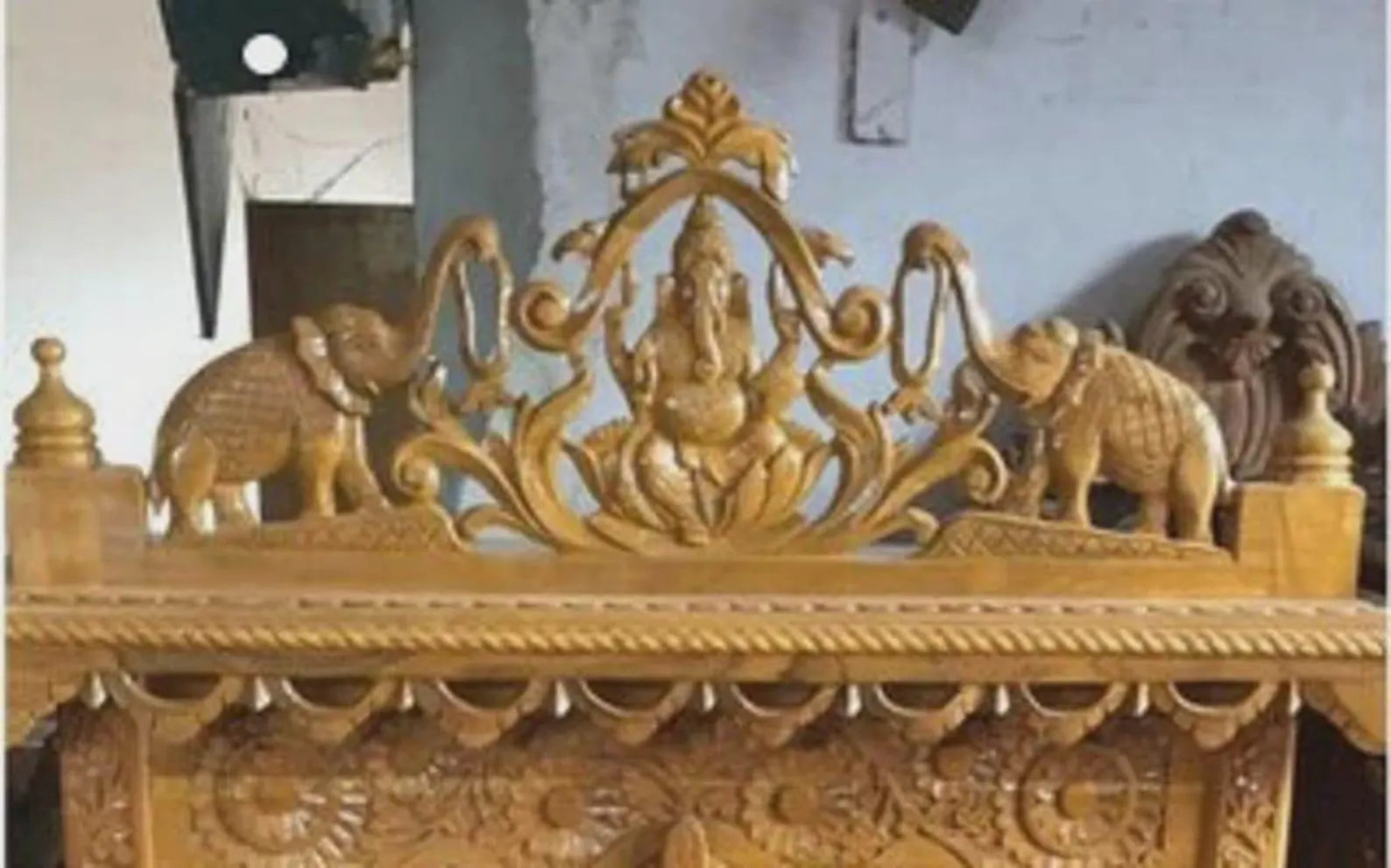 Handmade Teakwood Temple, Customizable Wooden Mandir with Carvings