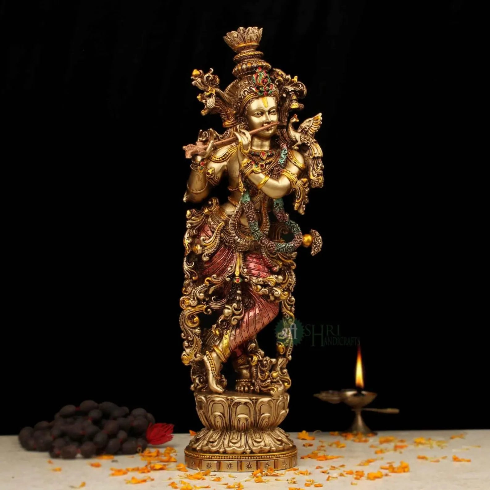 15-Inch Standing Krishna Resin Statue in Copper Finish