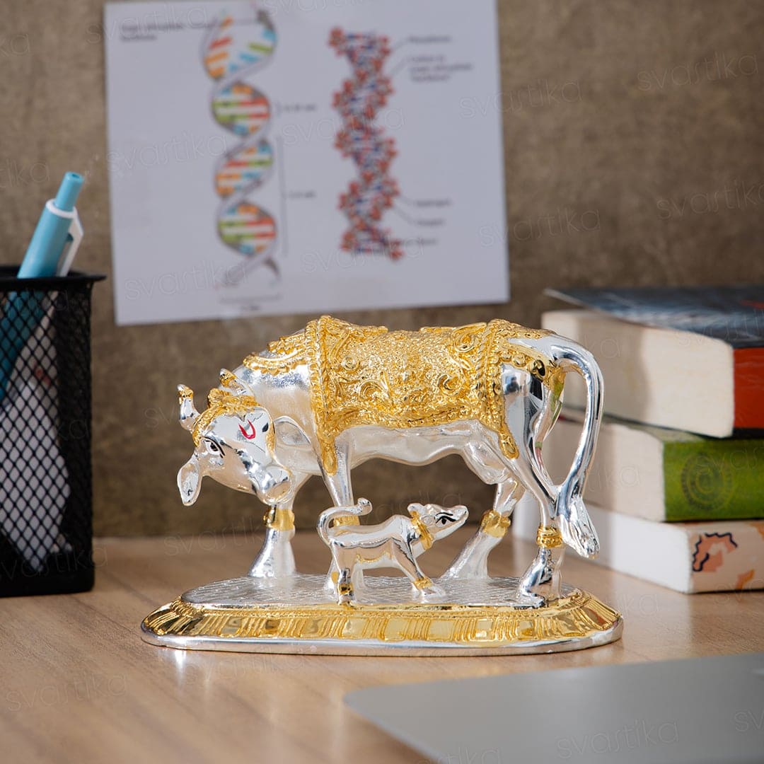 Vastu Kamdhenu Cow with Calf Idol | Gold & Silver Plated - By Trendia